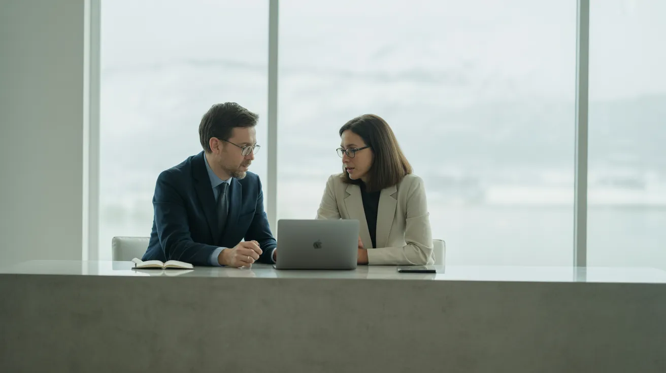 Two diverse colleagues in a modern office discuss a project on a laptop, their workspace is clean and organized.