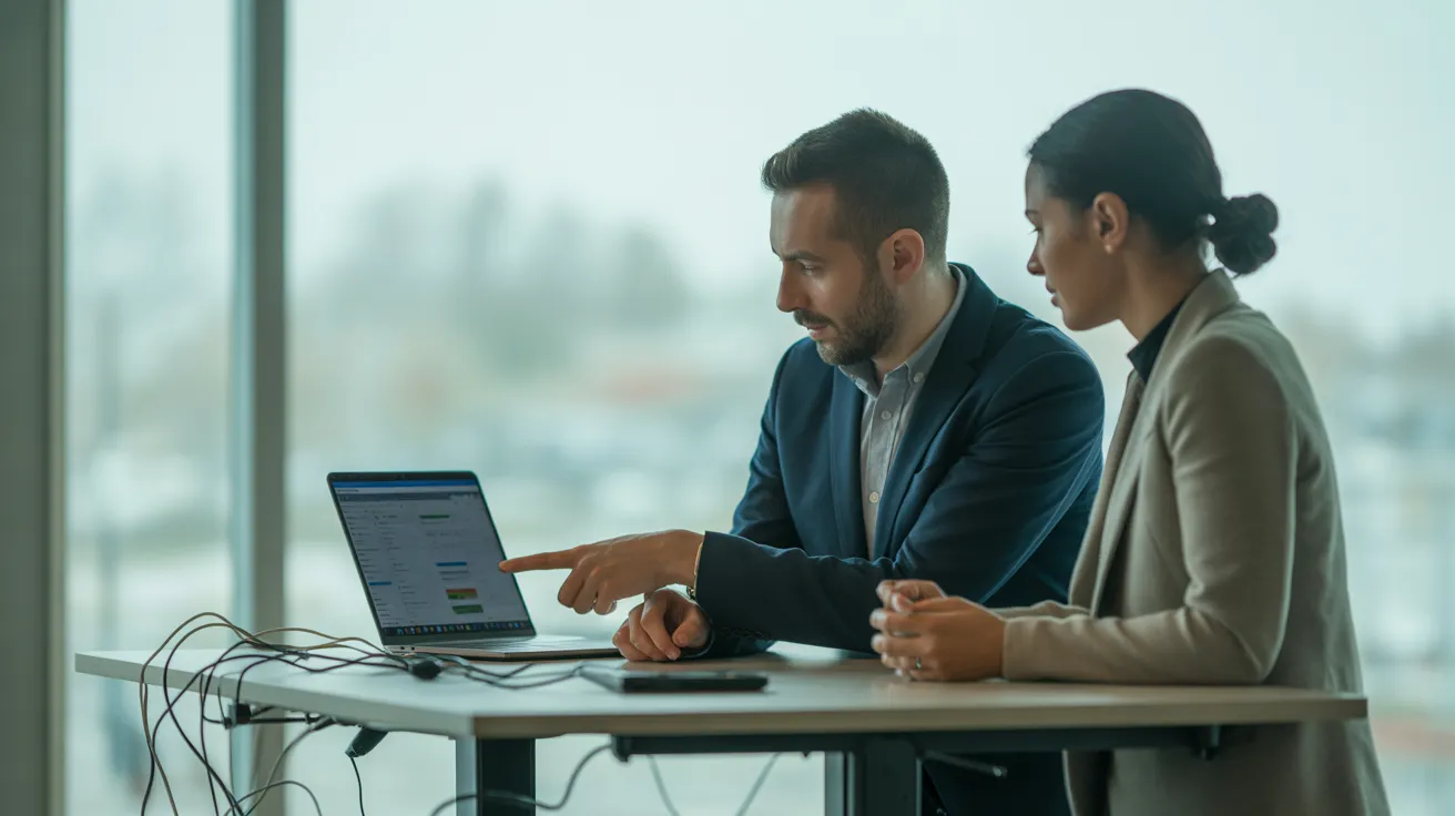 Two colleagues discuss a project on a laptop in a tidy, contemporary office with excellent cable management visible in the background.
