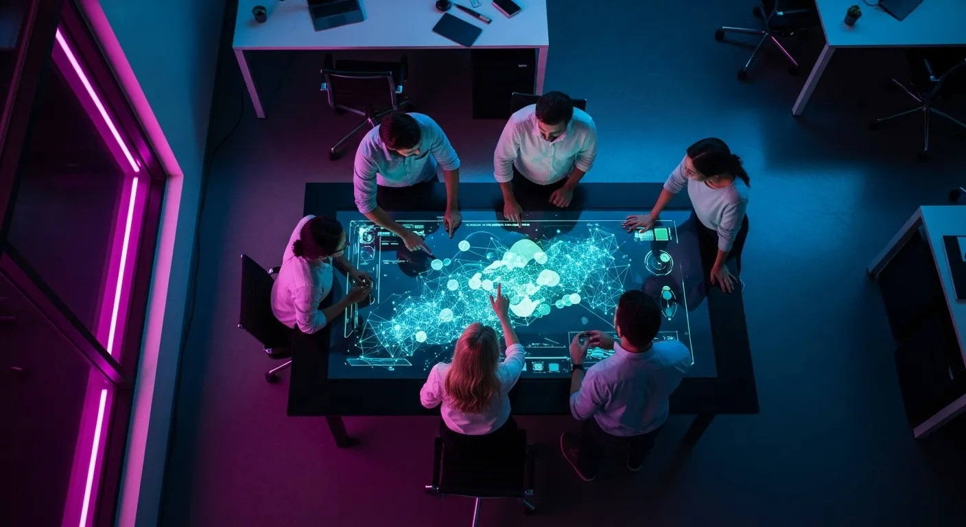 A top-down view of a team's hands working on a large, glowing screen with abstract charts during a nighttime meeting with neon lighting.