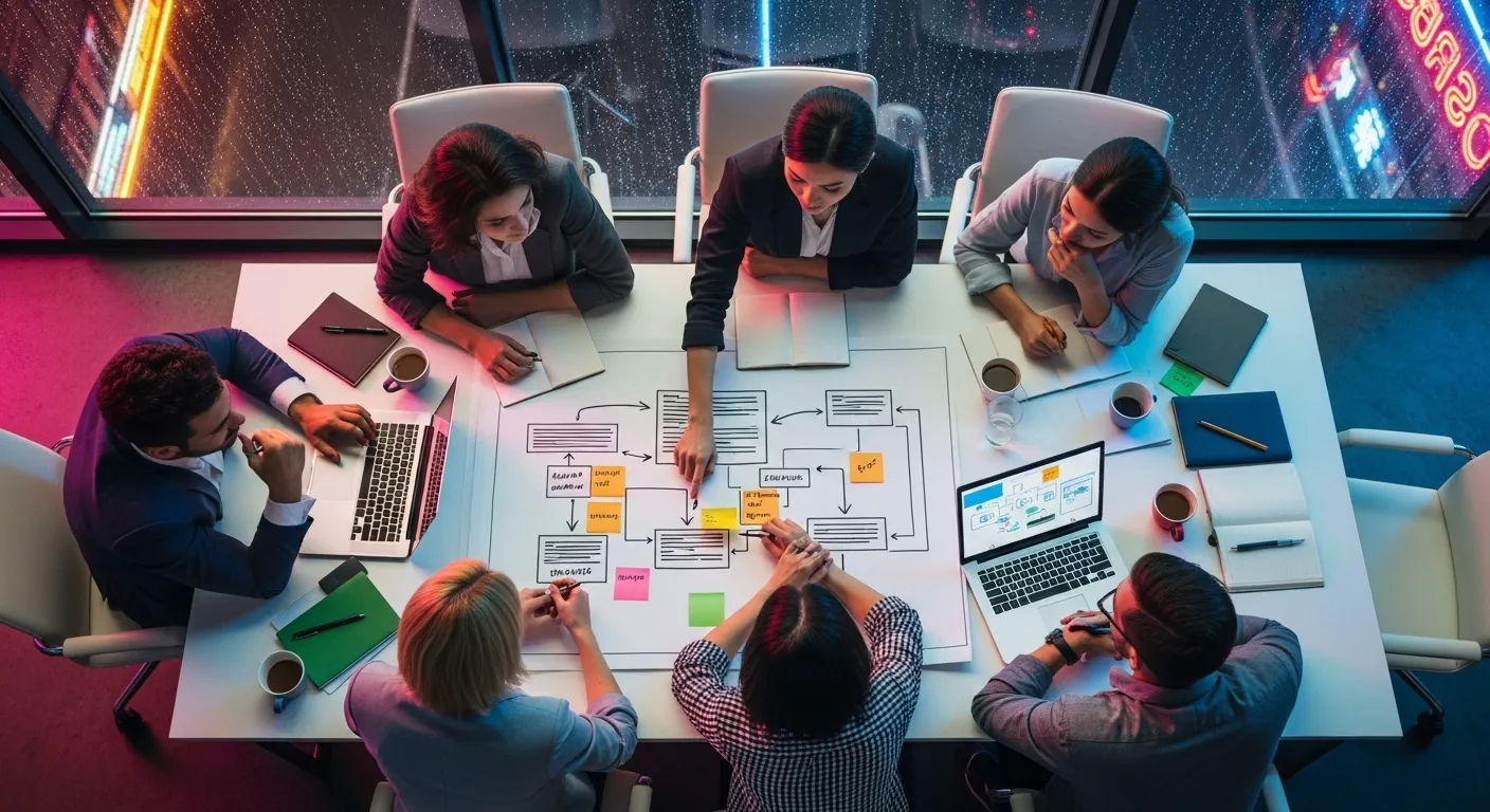 Top-down view of a team working on a document at a table at night, with colorful neon light from an unseen window illuminating them.