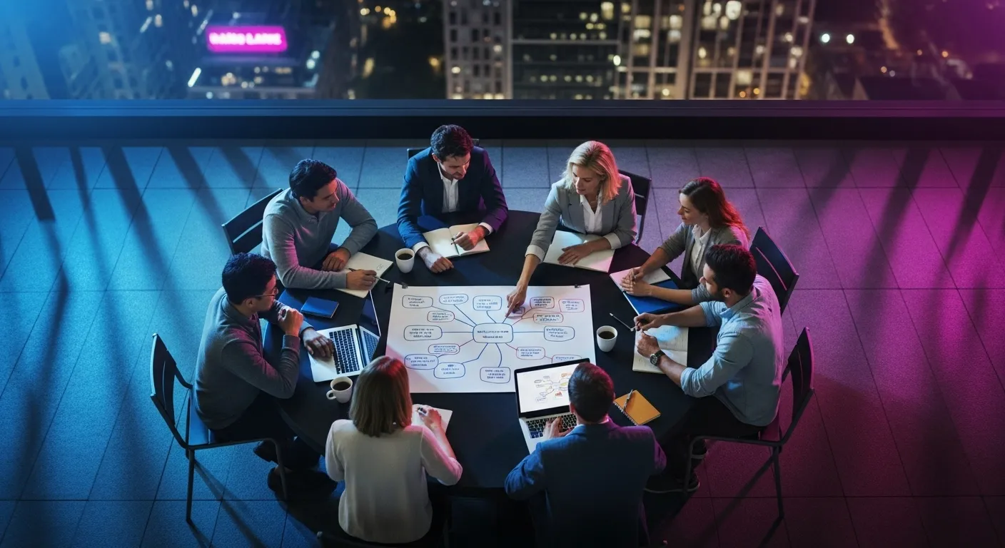An overhead view of a team meeting at a round table on a rooftop at night, lit by colorful neon lights.