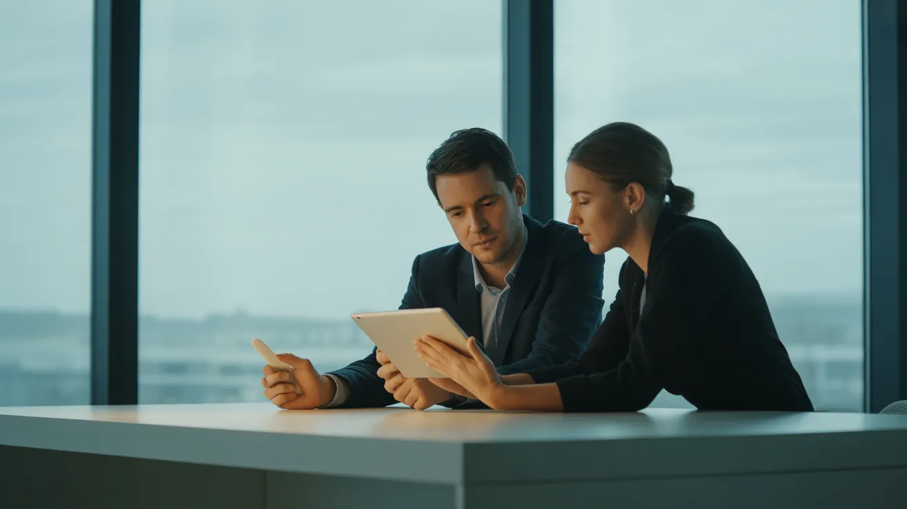 Two diverse colleagues in a bright, modern office discuss a project, looking at a tablet together by a window on an overcast day.