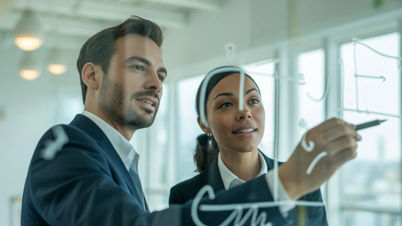 Two colleagues in a modern office discuss a diagram being drawn on a glass whiteboard during a strategic meeting.