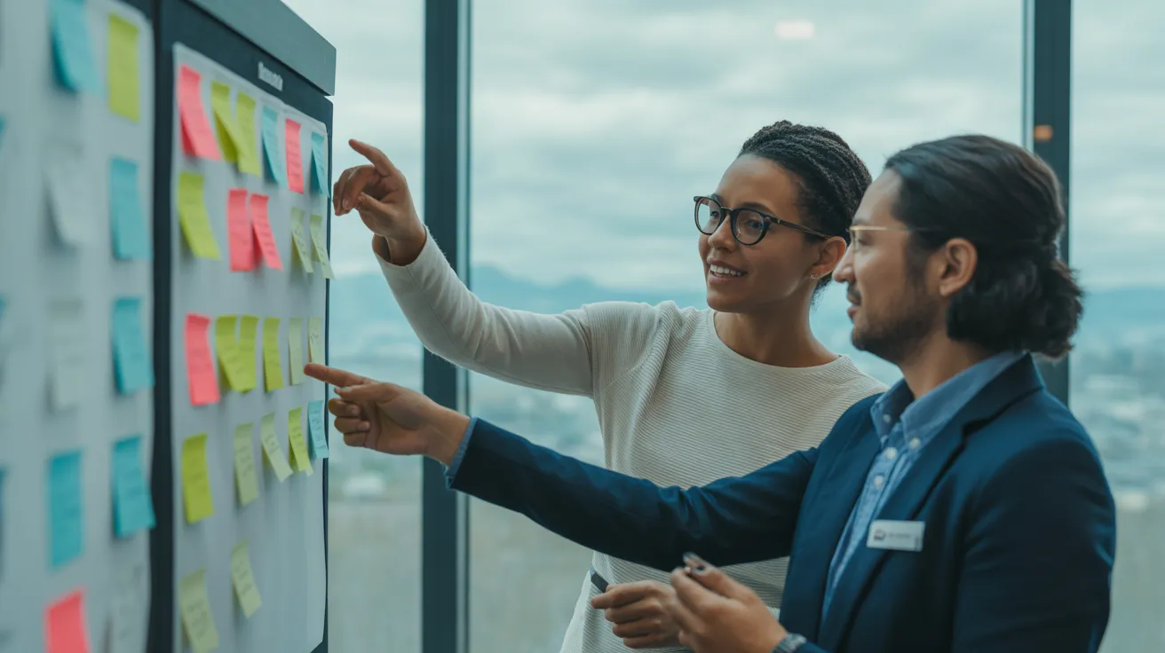 Two colleagues stand and discuss a project management board covered in colorful, blank sticky notes in a bright, contemporary office space.
