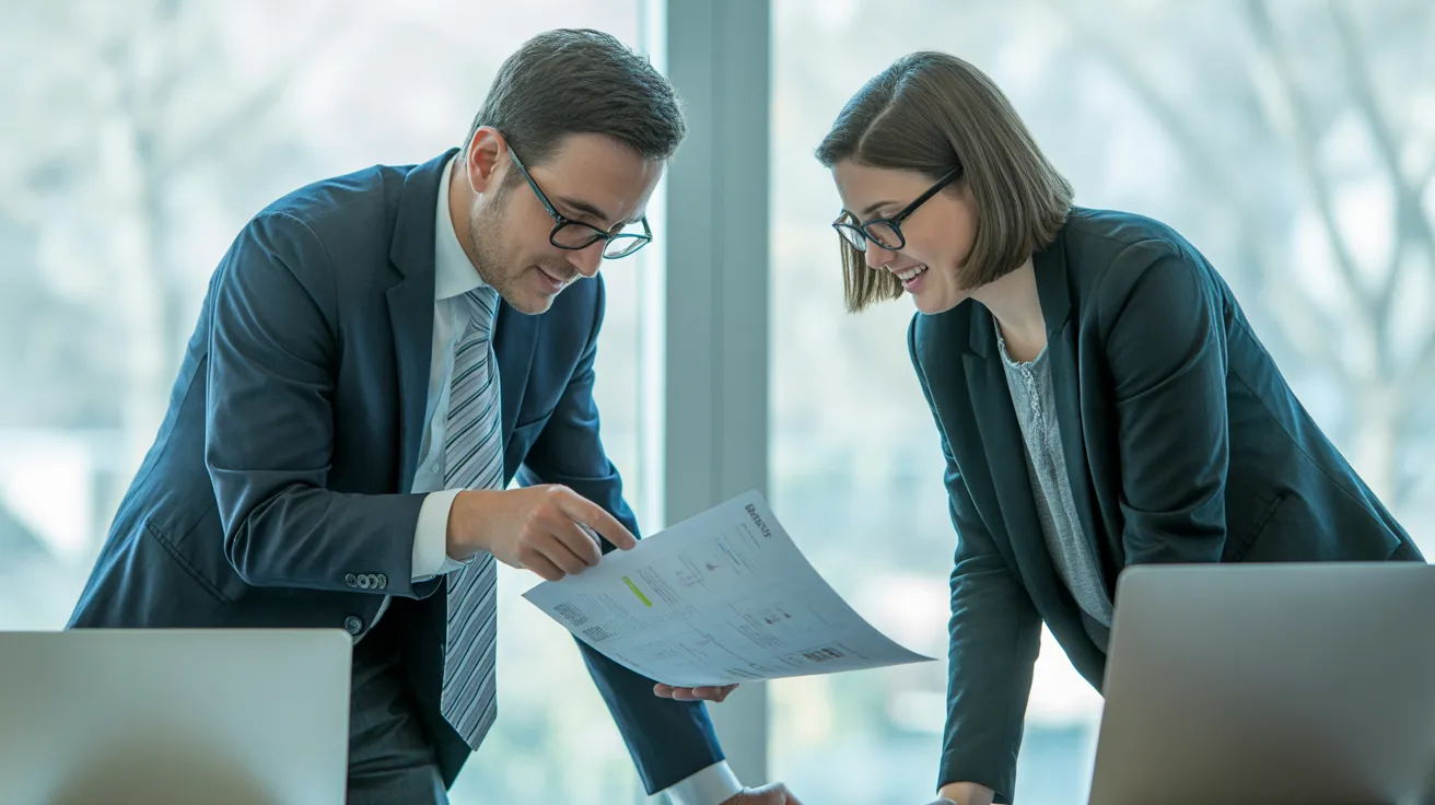 A man and a woman in business casual attire review a paper document together at a desk in a modern, naturally lit office.