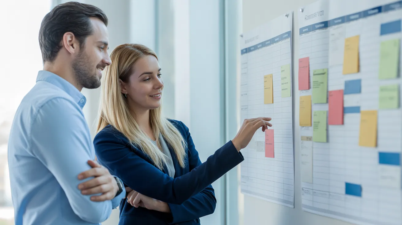 Two colleagues in a bright office collaborating on scheduling by pointing at a large, color-coded wall planner.
