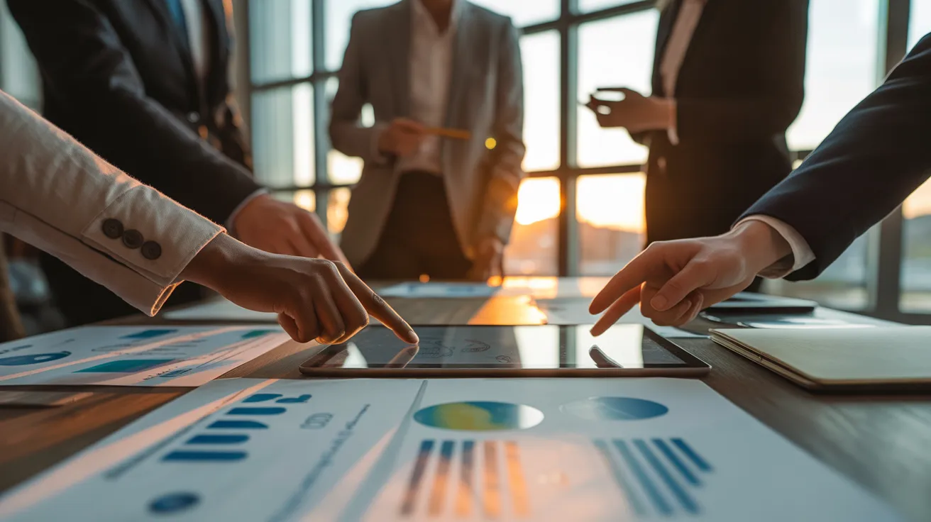 A close-up of a tablet with charts on a meeting table, with hands of several people pointing to it. The room is filled with warm evening light.