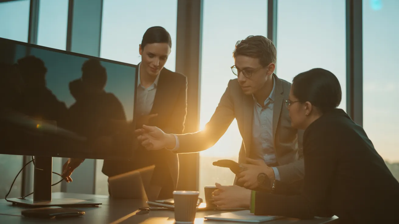 A diverse group of professionals in a meeting, bathed in warm light from a nearby window during golden hour, focused on a collaborative task.