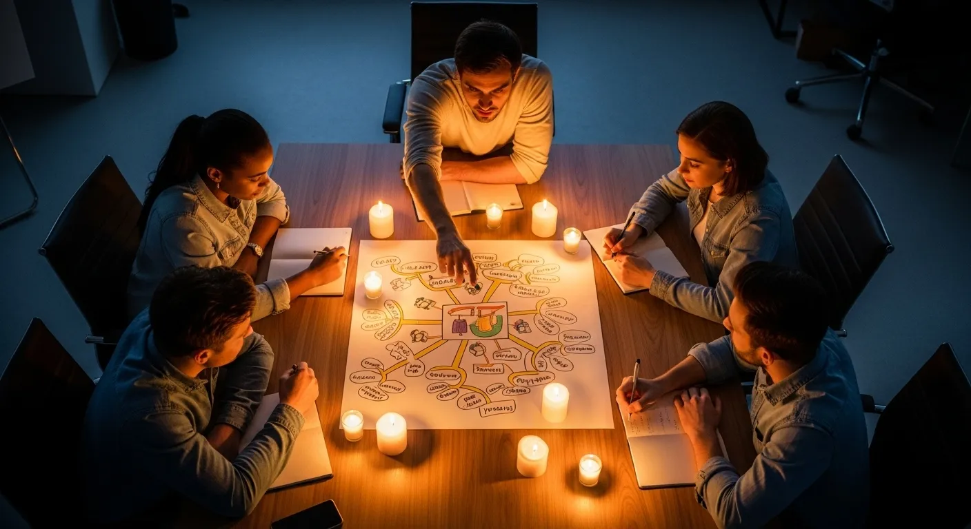 A wide overhead view of a team meeting in a dark room, illuminated only by candles on the table, fostering a focused atmosphere.