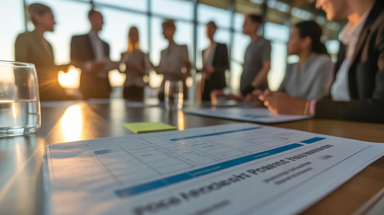 A close-up of a project document on a table, with a team collaborating in the background illuminated by golden hour light.