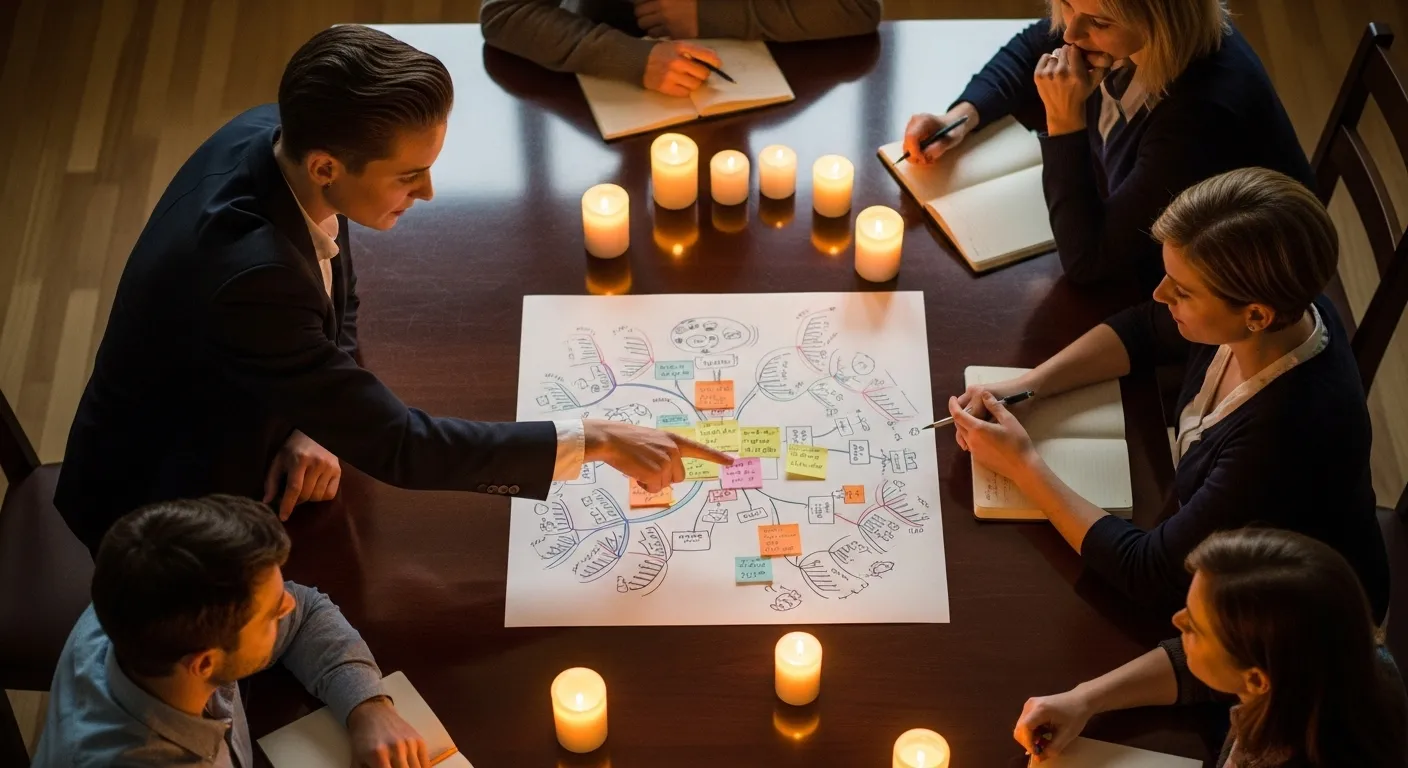 An overhead view of a team in a candlelit meeting, with a leader gesturing towards a large diagram and sticky notes on a dark table.