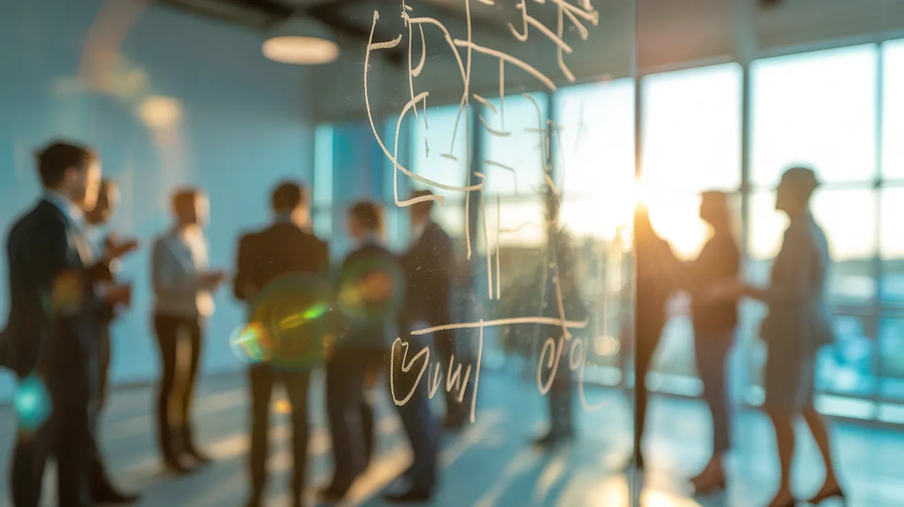 A close-up of a glass whiteboard with abstract reflections of a team meeting during a warm, golden sunset.