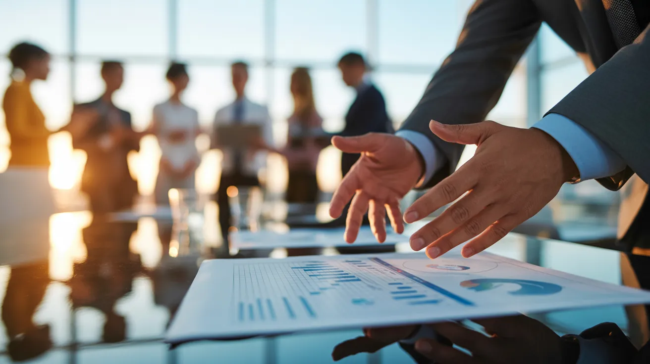 A close-up of hands gesturing over a business chart on a table during a team meeting, illuminated by warm golden hour light.
