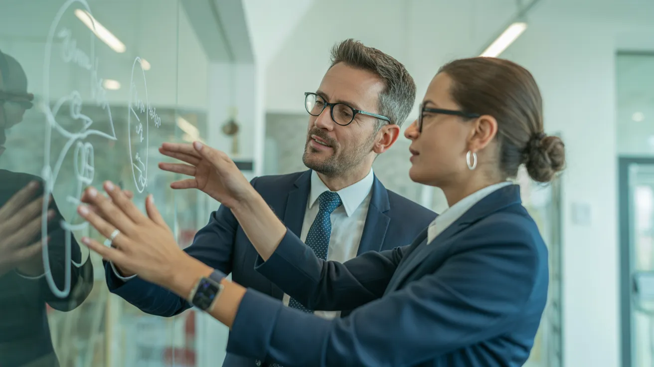 Two colleagues discuss a project at a glass whiteboard in a modern office with overcast lighting.
