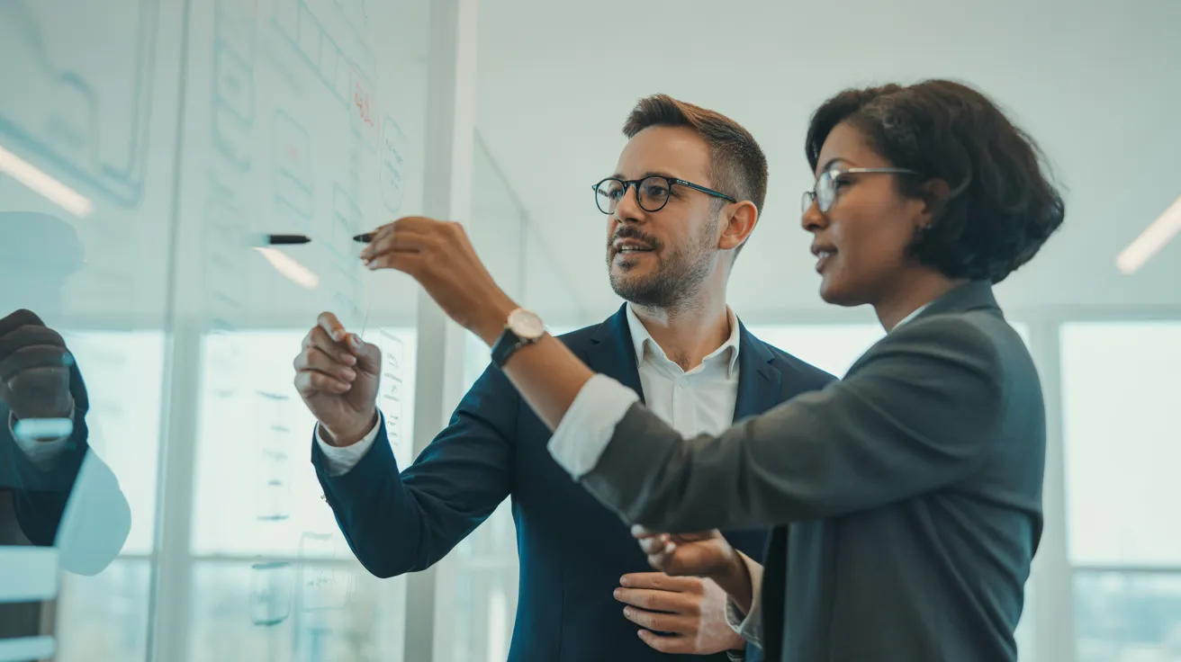 A man and a woman in business casual attire discuss a diagram on a glass whiteboard in a contemporary office setting.