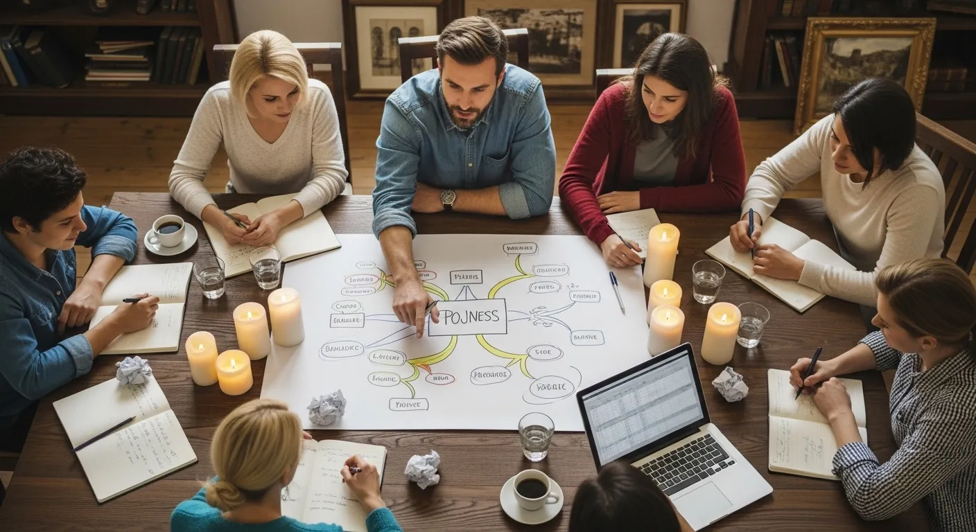 An overhead view of a diverse team brainstorming around a candlelit table, with a leader pointing to a central diagram.