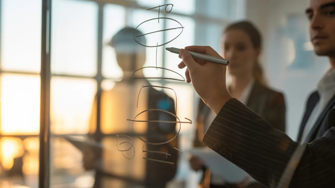 A close-up of a hand drawing a diagram on a glass board during a collaborative team meeting at sunset.