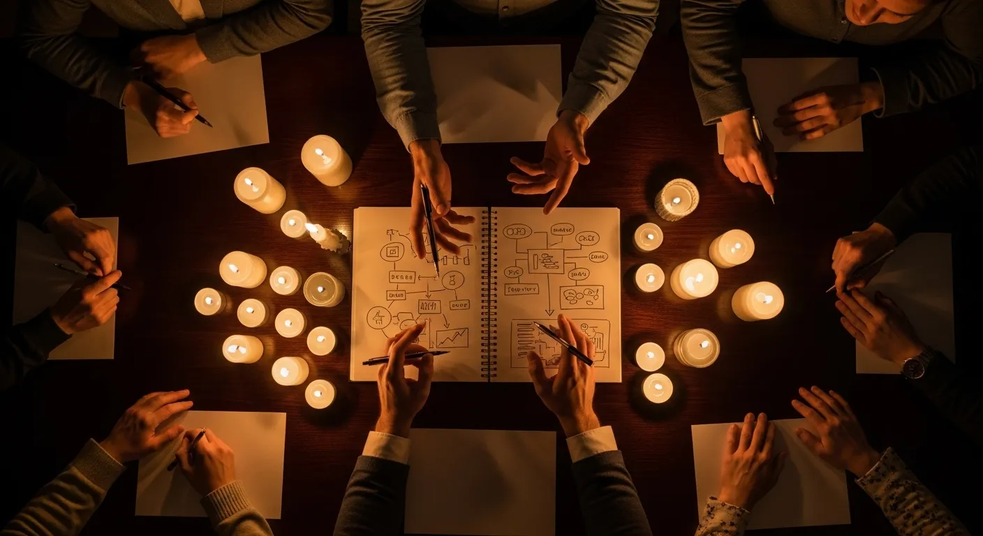 An overhead shot of a candlelit meeting, with several pairs of hands around notebooks and mugs on a wooden table, suggesting a focused team discussion