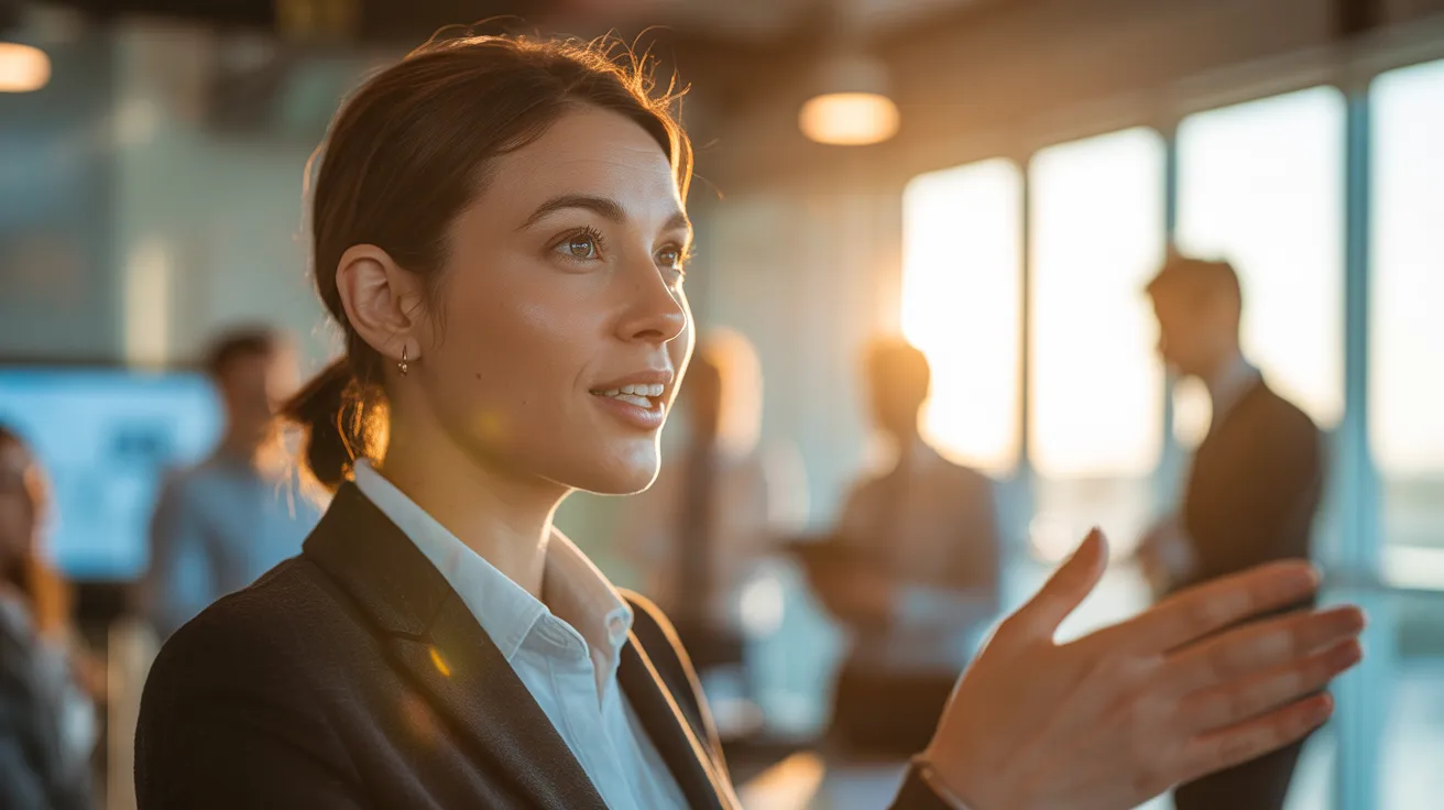 A woman in business attire speaks during a meeting, her face illuminated by warm golden hour sunlight from a nearby window.
