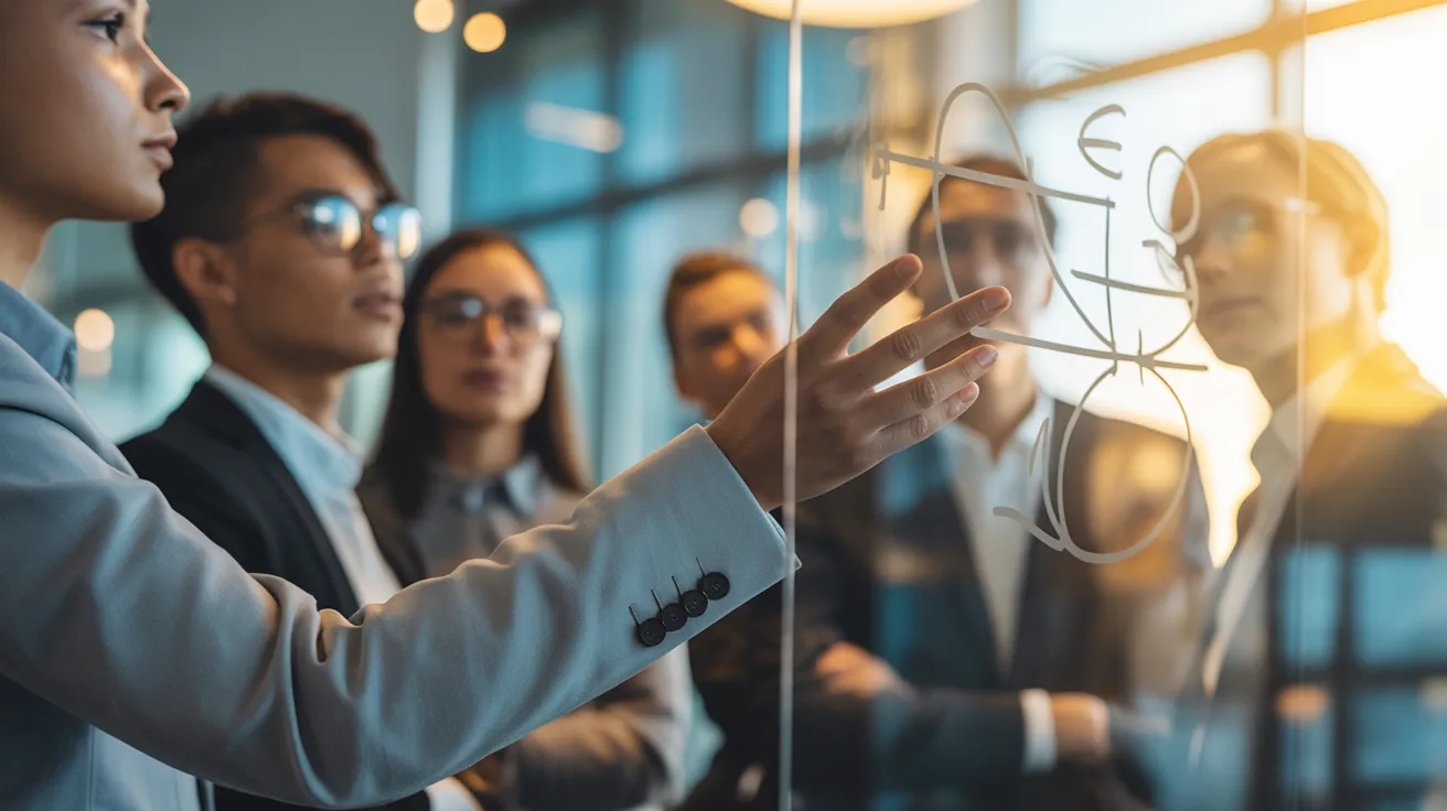A team of professionals in a sunlit meeting room, focused on a presenter at a glass whiteboard during golden hour.