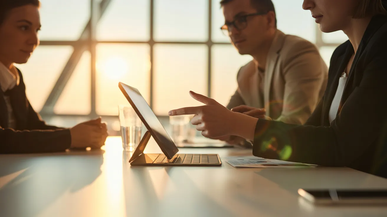 A close-up of three professionals in a meeting, one presenting from a tablet, illuminated by warm golden hour light from a window.