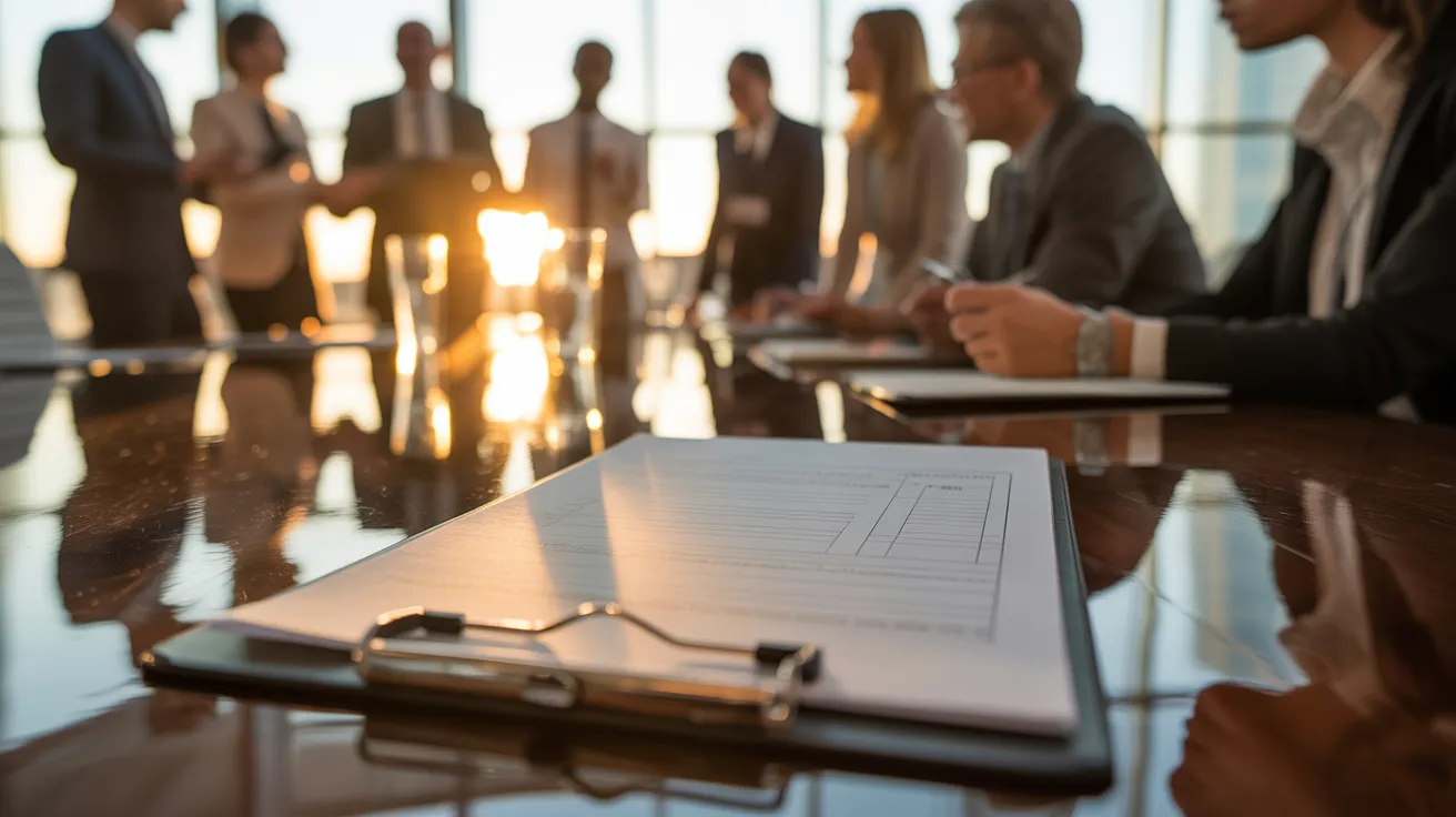 A close-up of a document on a clipboard in a meeting room, with colleagues discussing in the blurred background during golden hour.