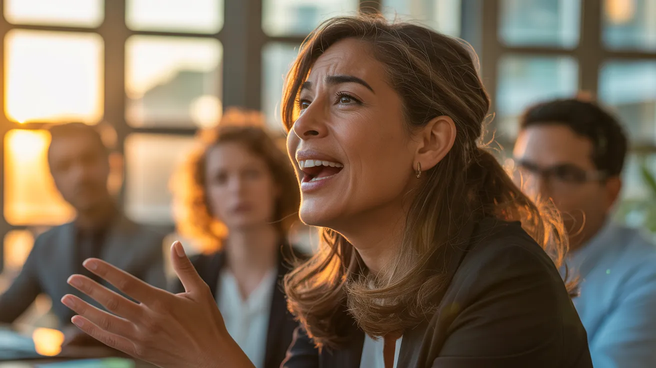 A businesswoman with an engaged expression speaks during a late afternoon meeting, backlit by the warm glow of the setting sun from a window.