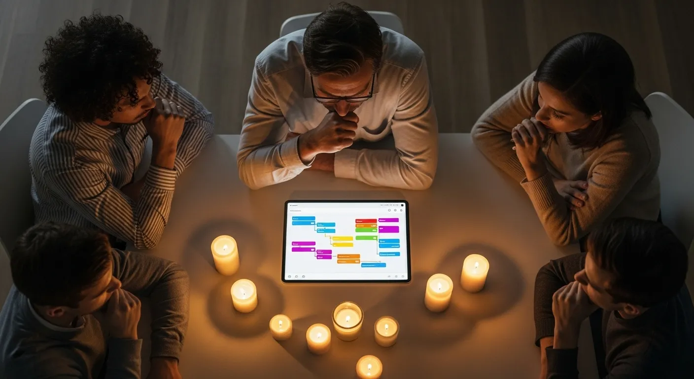 An overhead shot of a team looking at a tablet with a project management interface during a focused meeting in a candlelit room.