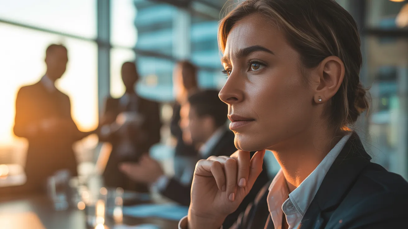 A woman with a thoughtful expression in a meeting, with colleagues blurred in the background. Golden sunlight illuminates the scene.
