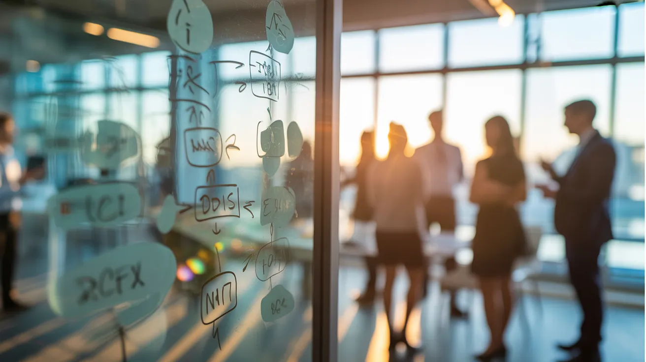A close-up of abstract diagrams on a glass whiteboard, with a professional team meeting in the background during sunset.