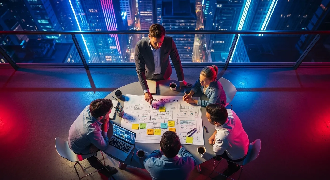 Top-down view of a team working on a large document at a table outdoors at night, illuminated by colorful neon city lights.