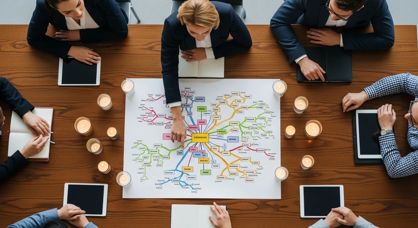An overhead view of a team at a candlelit table, with one person pointing to a large diagram surrounded by notebooks and tablets.