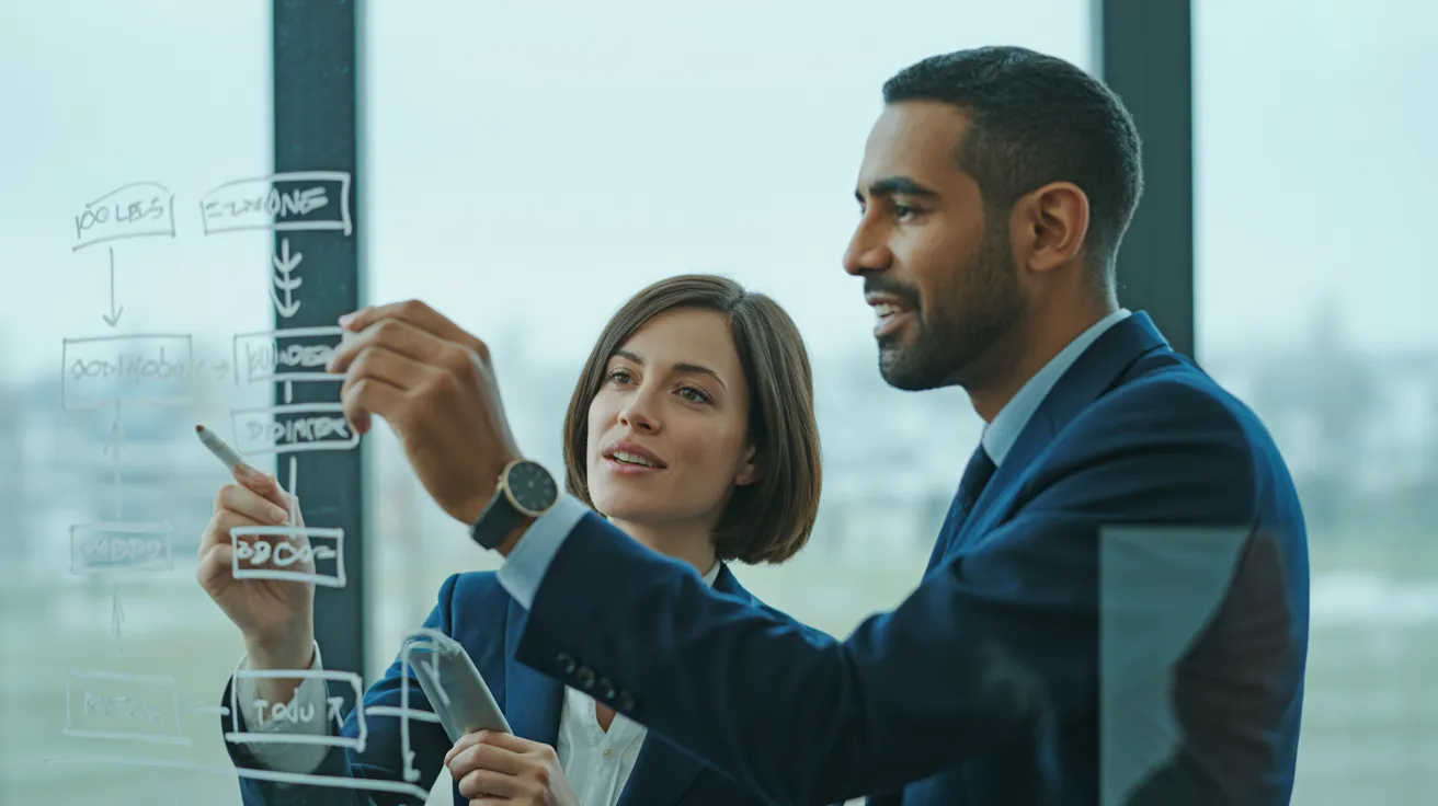 A man and a woman in business casual attire discuss a diagram on a glass whiteboard in a bright, modern office setting.