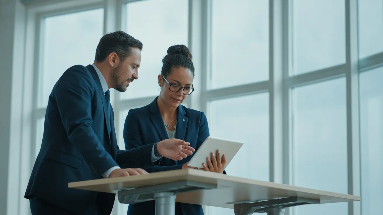 A man and a woman in business casual attire stand at a high desk in a modern office, actively discussing a project.