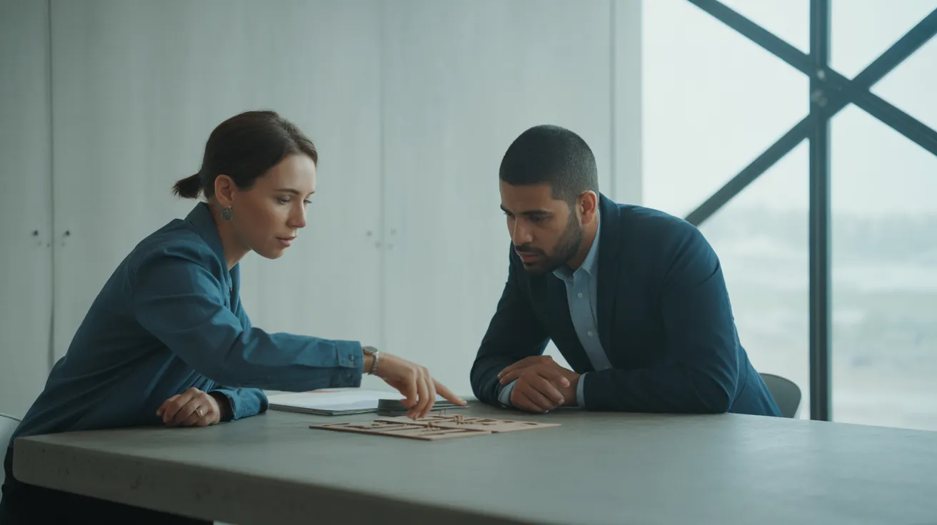 A man and woman in business casual attire discuss a design mockup at a large table in a modern office with soft, natural light.