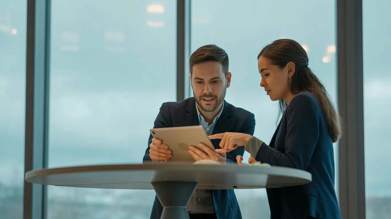 A man and a woman discuss a project, looking at a tablet in a bright, modern office with large windows.