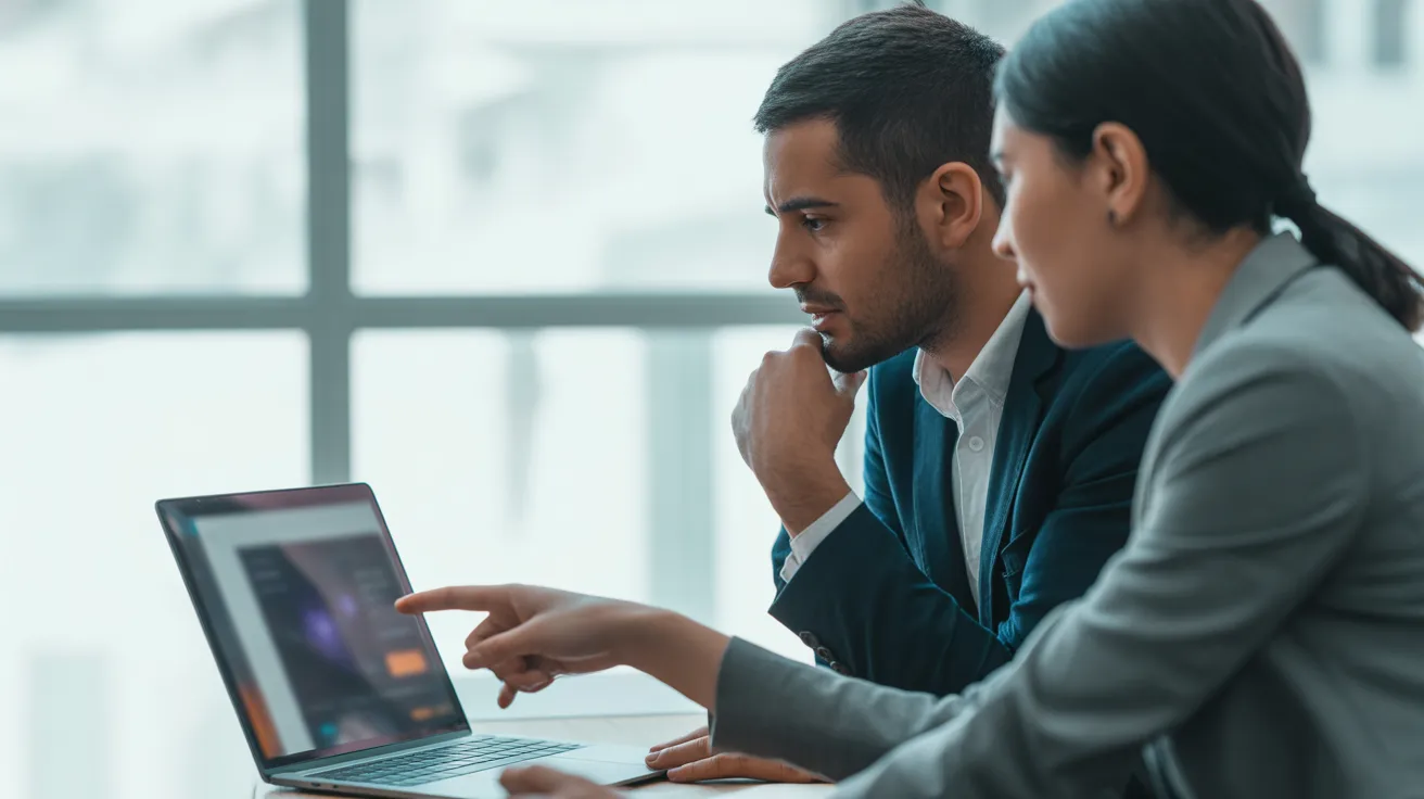 Two colleagues, a man and a woman, actively discuss a project on a laptop in a modern office with soft, natural light.