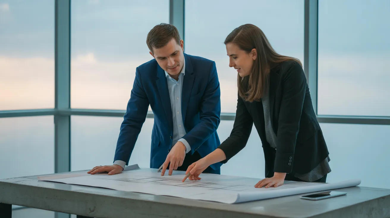 Two diverse colleagues in a modern office actively discuss a large blueprint spread out on a table between them.