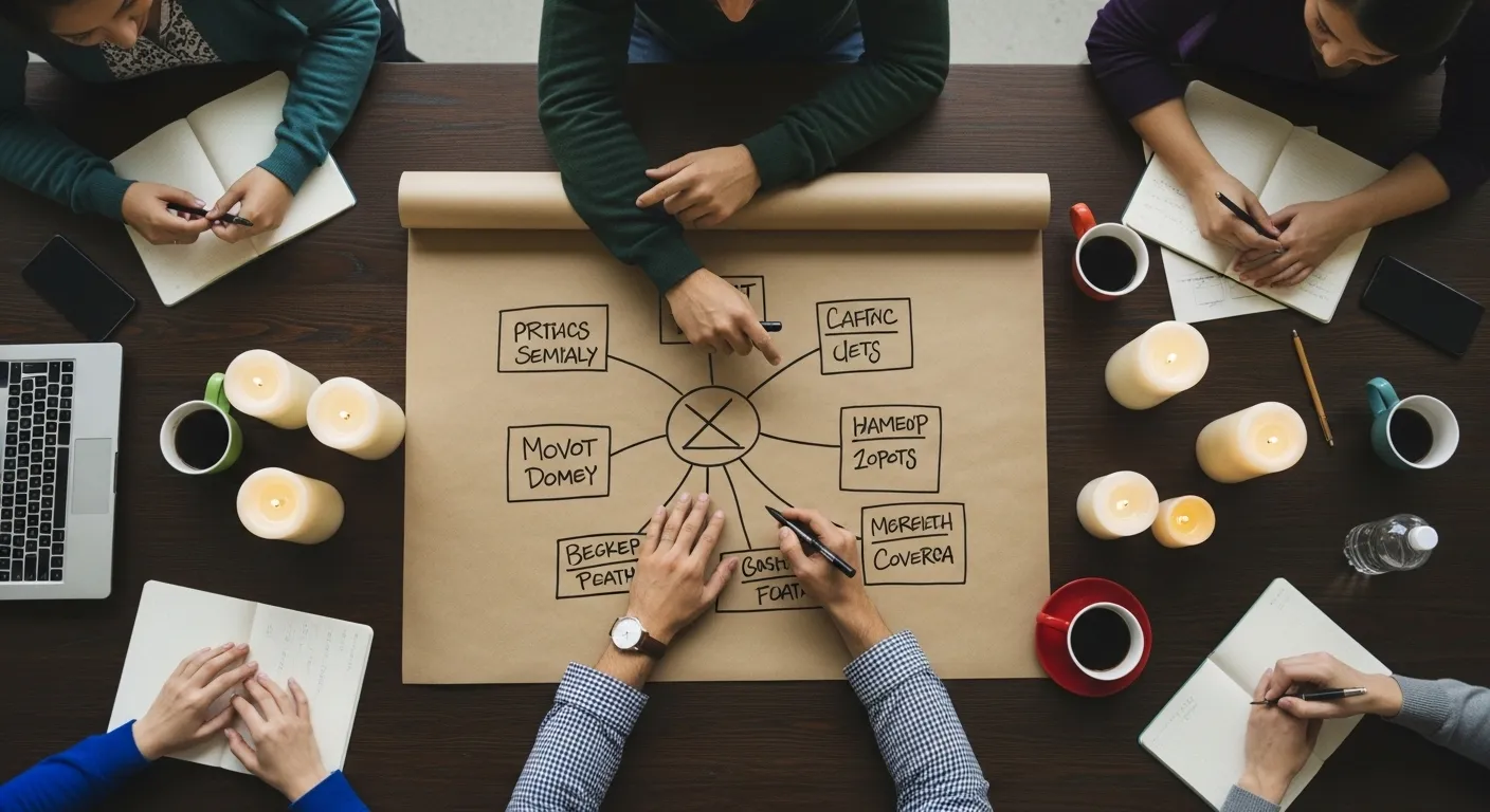 A top-down view of a team meeting by candlelight, with hands pointing to a large diagram on paper surrounded by notebooks and pens.