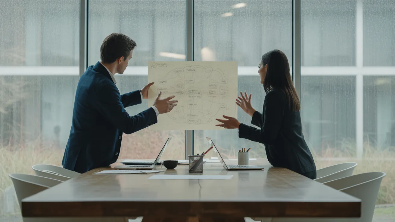 Two colleagues discuss a project over a large mind map at a table in a modern office with soft light from a window on a rainy day.