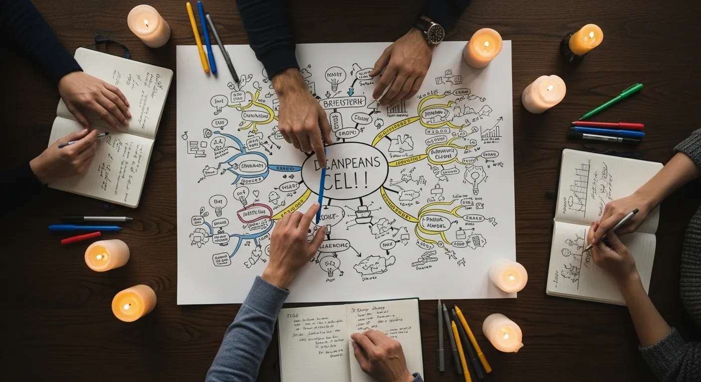 Top-down view of a candlelit table where a team collaborates on a mind map during an evening brainstorming session.