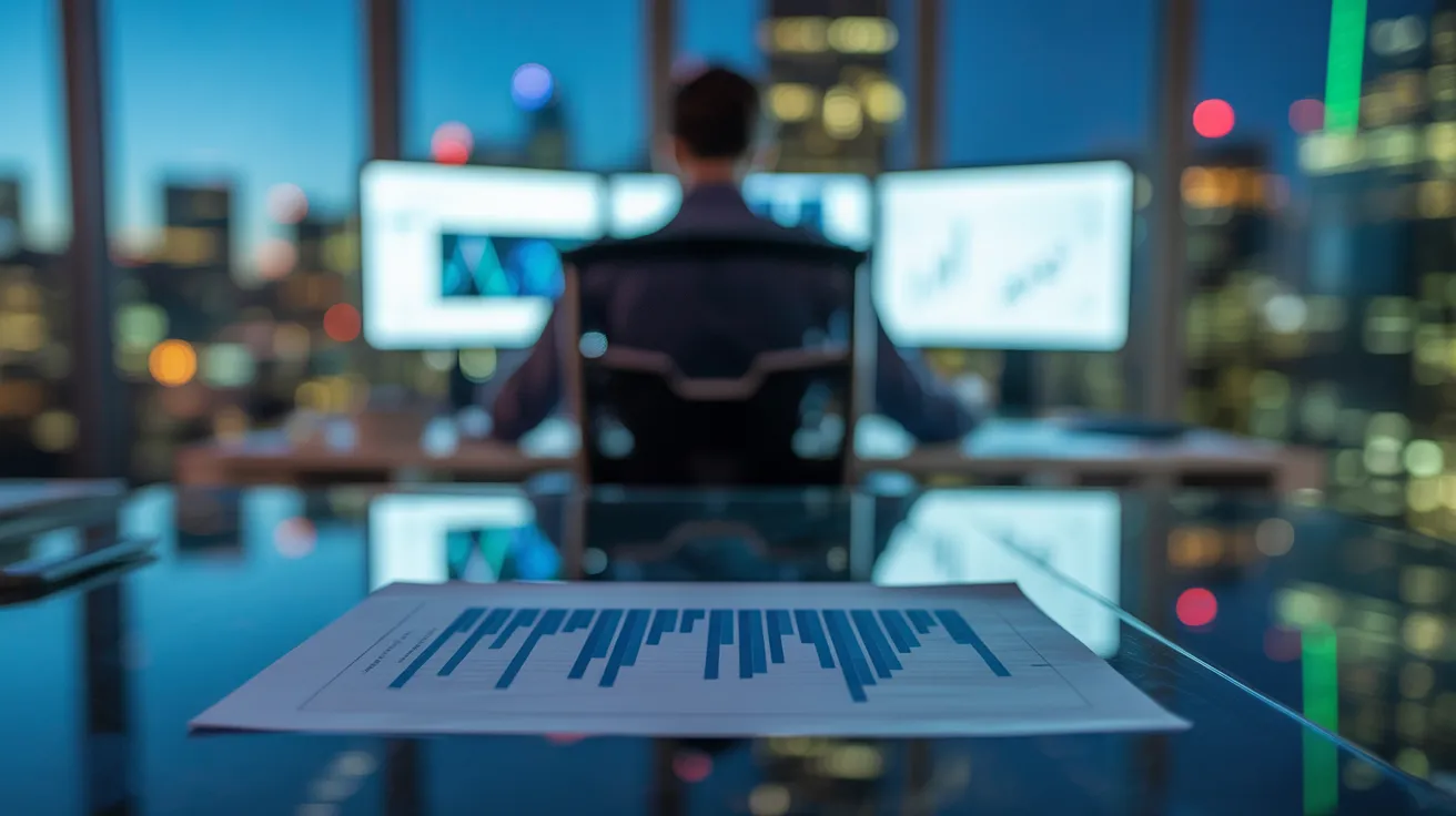 A document on a desk is in the foreground, with a person working on a computer in a neon-lit office at night in the background.