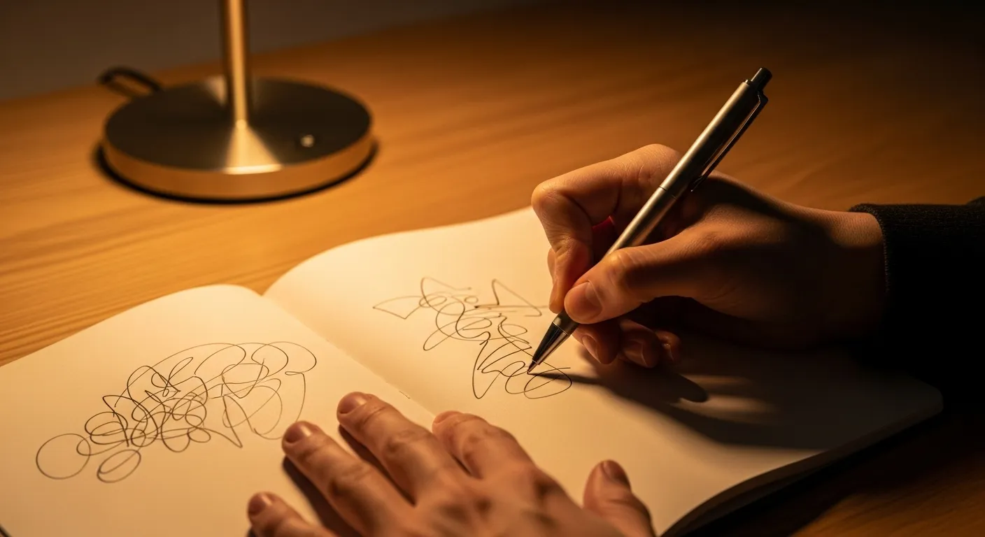 Close-up of a person's hands writing in a journal on a tidy desk, illuminated by a warm lamp in the evening.