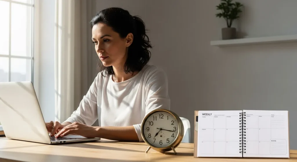 A woman works on a laptop in a brightly lit home office. A small clock and a planner are on the corner of her organized desk.