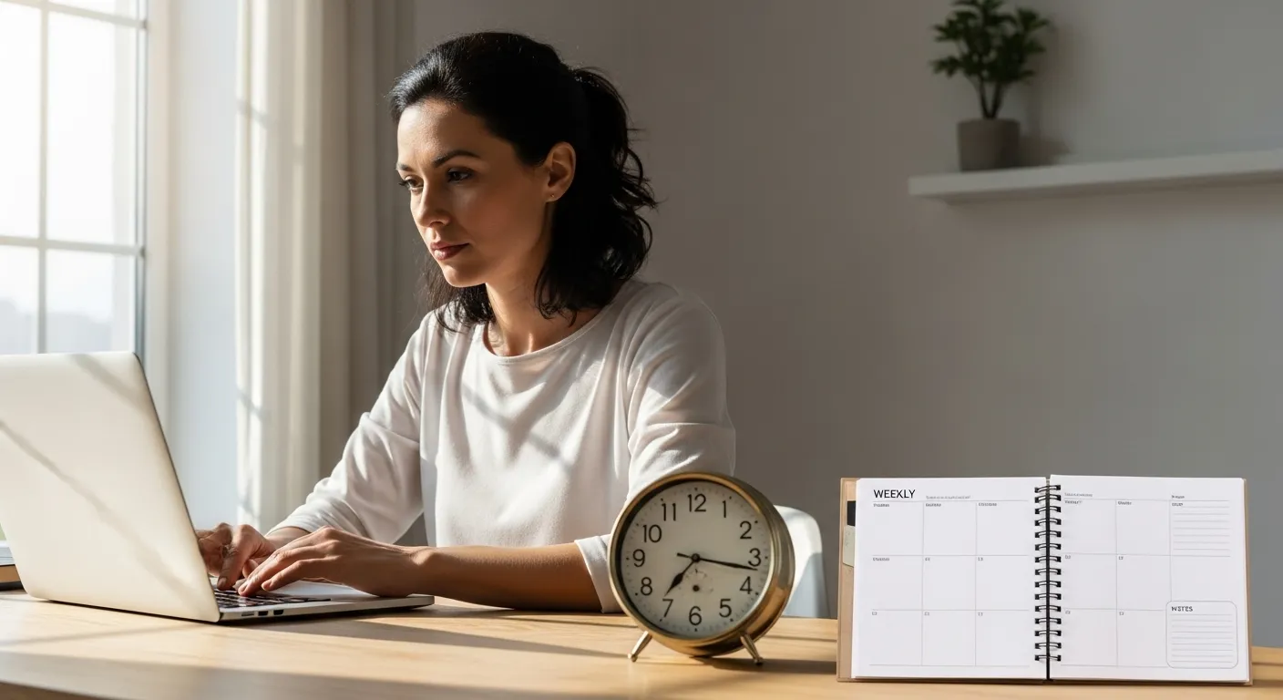 A woman works on a laptop in a brightly lit home office. A small clock and a planner are on the corner of her organized desk.