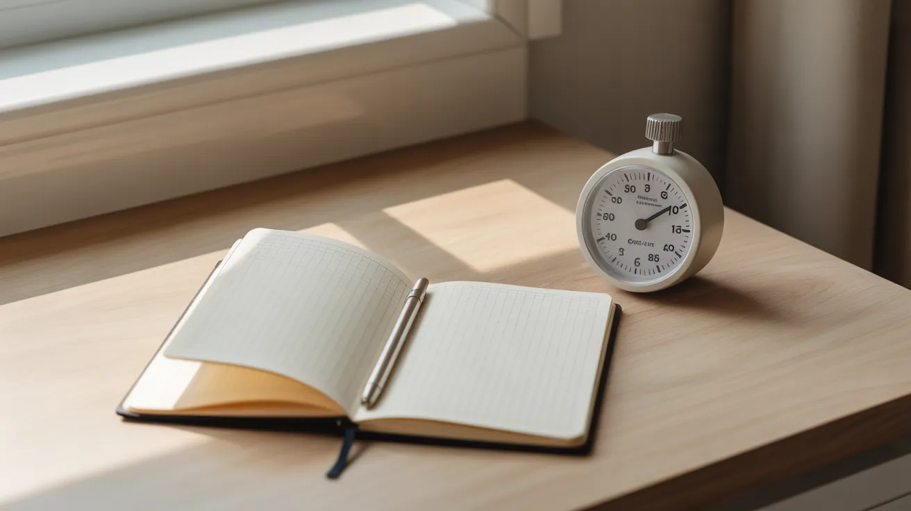 An analog kitchen timer and a pen on an open grid notebook, set for a time audit on a sunlit desk.