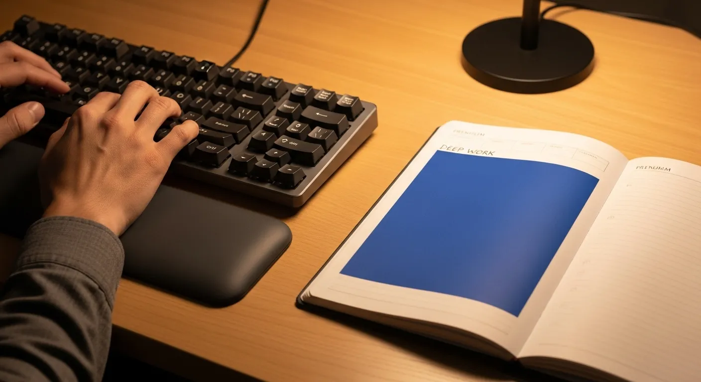 A close-up of a desk at night with a person typing. An open planner shows a large blue block, lit by a warm lamp.