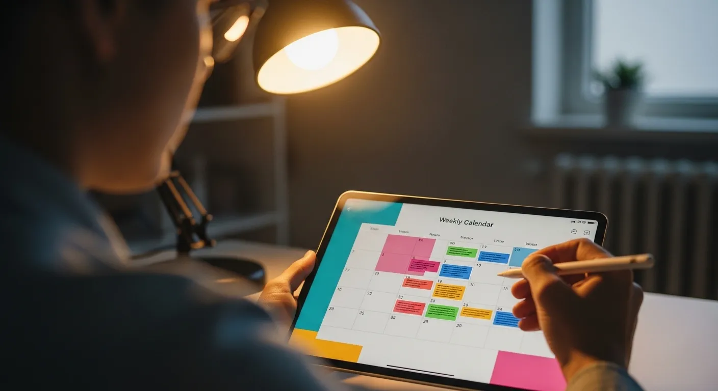 A person using a stylus on a tablet to schedule their week with a time-blocking app, seen from a close-up over-the-shoulder view in the evening.