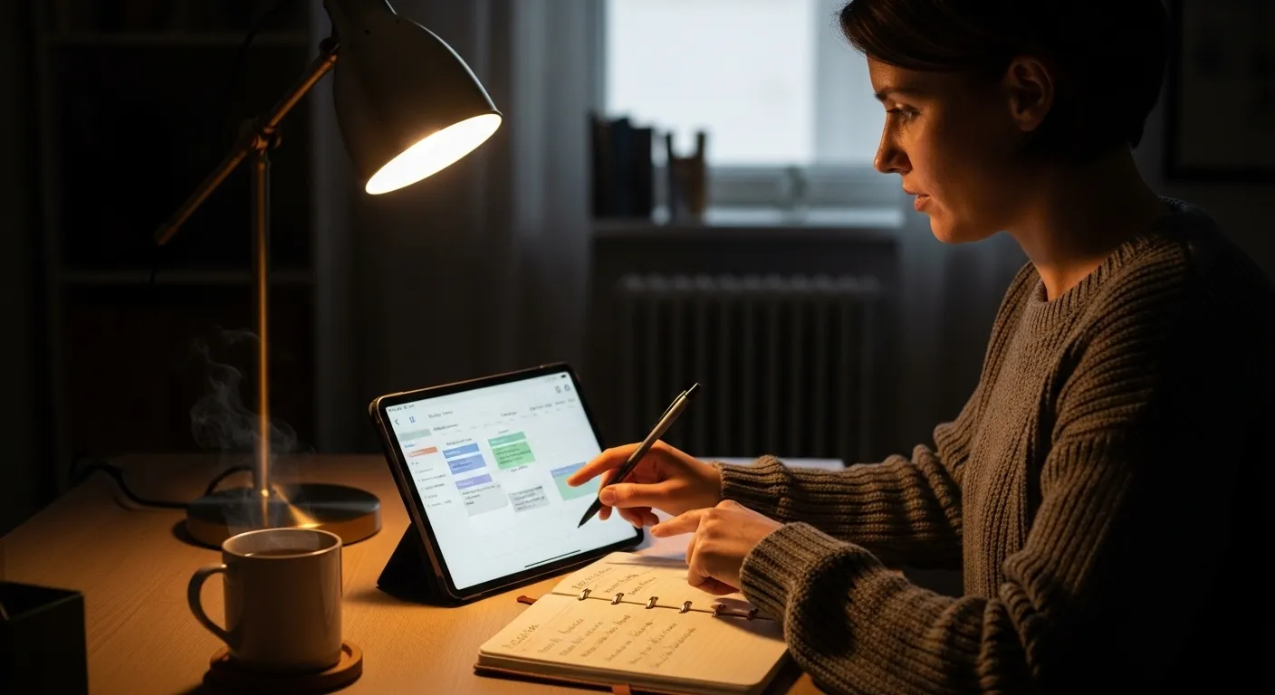 A person works at a desk in the evening, transferring notes from a paper journal to a calendar on a tablet under warm lamplight.