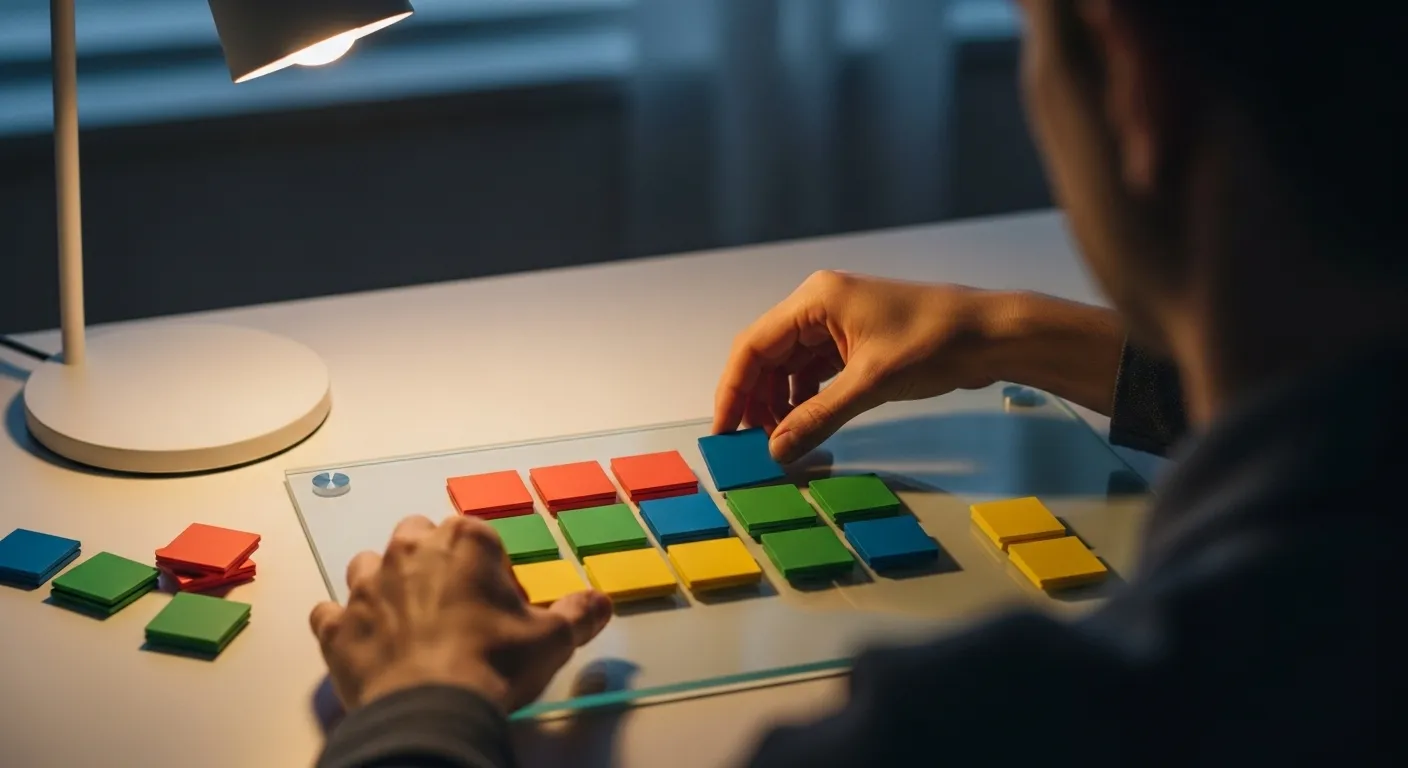 A person's hands arrange colorful squares on a small glass whiteboard on a desk, illuminated by a warm lamp in the evening.